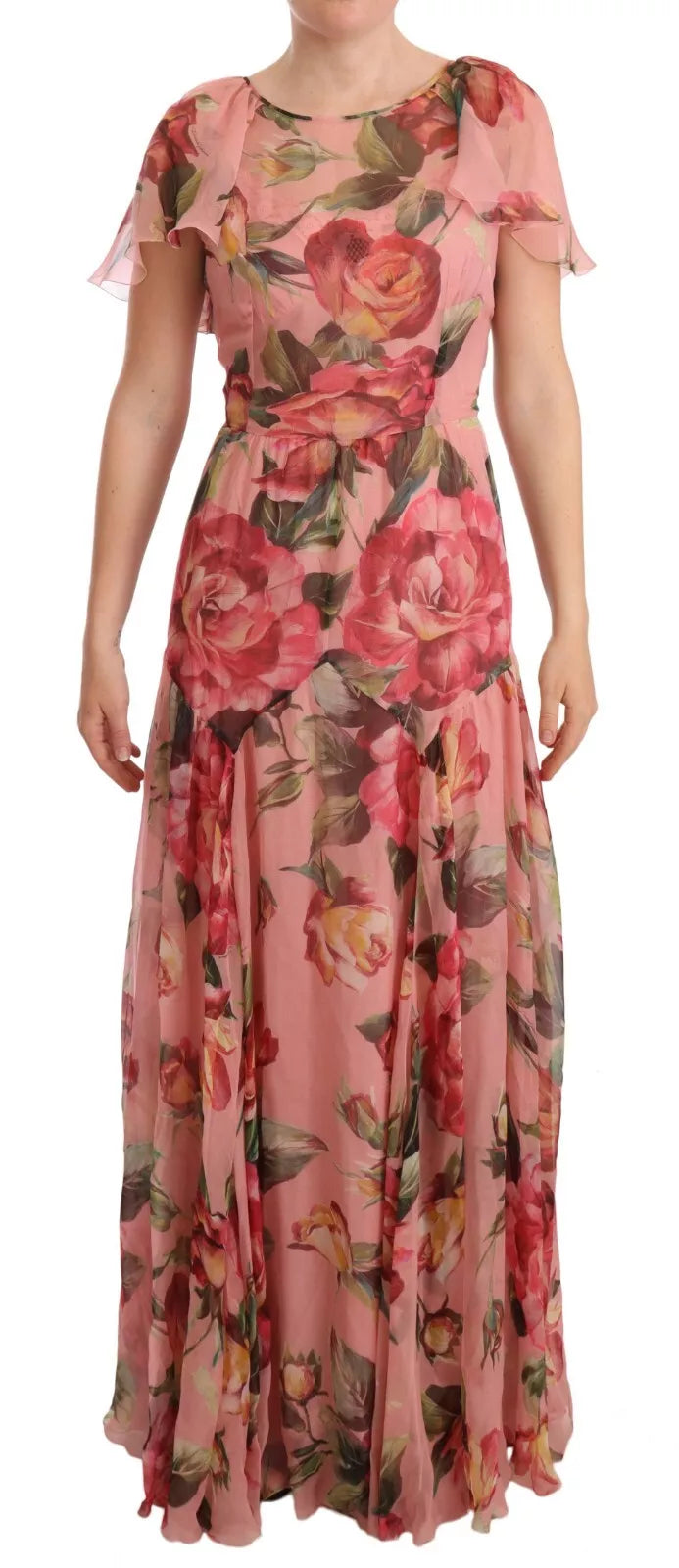 Robe longue en soie rose avec imprimé floral, design superposé de la marque Dolce & Gabbana, pour femme élégante.