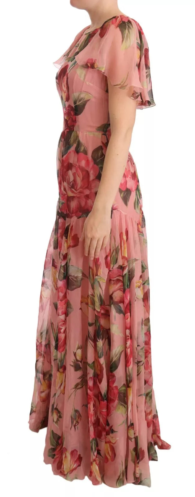 Robe maxi en soie rose à fleurs, Dolce & Gabbana, robe à couches élégante avec motif floral.