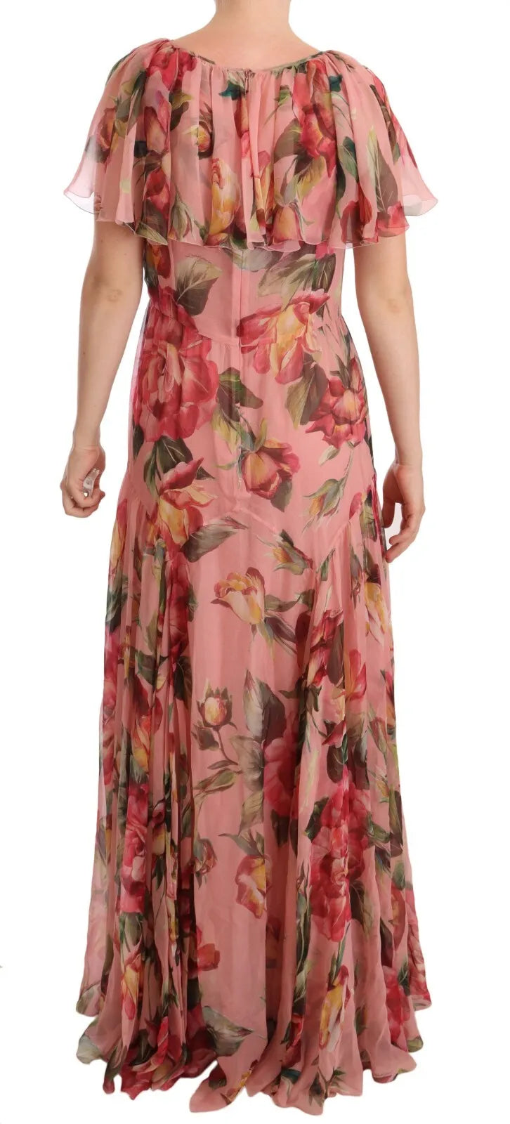 Robe maxi en soie rose à imprimé floral de Dolce & Gabbana, couche superposée élégante et fluide.