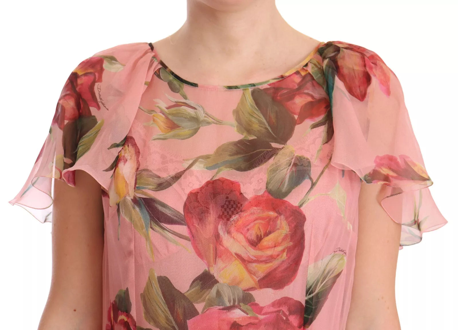 Robe maxi en soie rose à imprimé floral Dolce & Gabbana, style superposé et élégant pour femmes.
