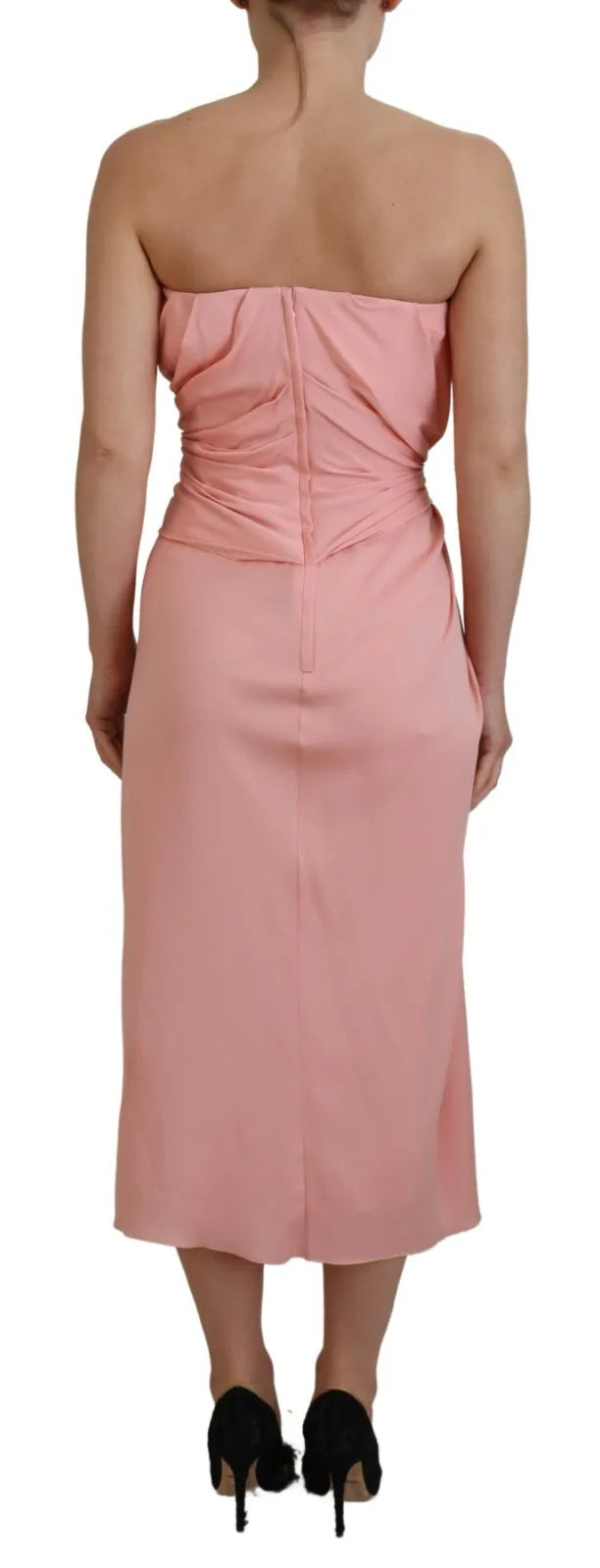 Robe midi sans bretelles en soie rose Dolce & Gabbana, coupe ajustée et élégante, vue de face.