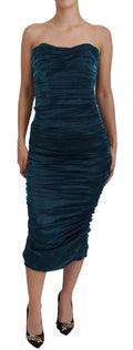 Robe bustier en satin bleu mélangé de soie Dolce & Gabbana, robe ajustée sans bretelles, tissu brillant et élégant.