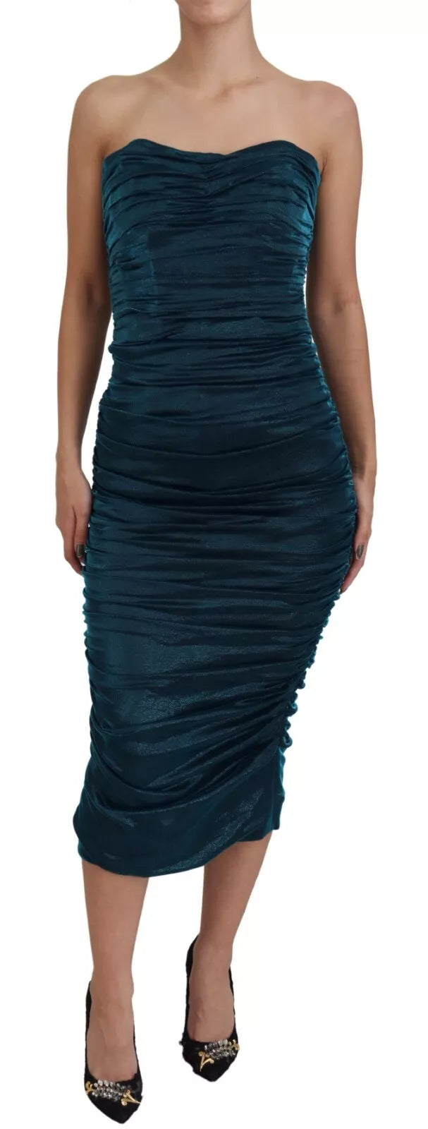 Robe bustier en satin bleu mélangé de soie Dolce & Gabbana, robe ajustée sans bretelles, tissu brillant et élégant.