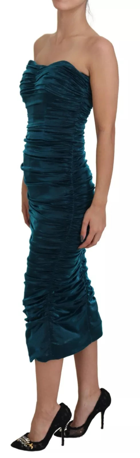 Robe bustier en satin bleu mélangé de soie de Dolce & Gabbana, coupe ajustée et élégante, sans bretelles.