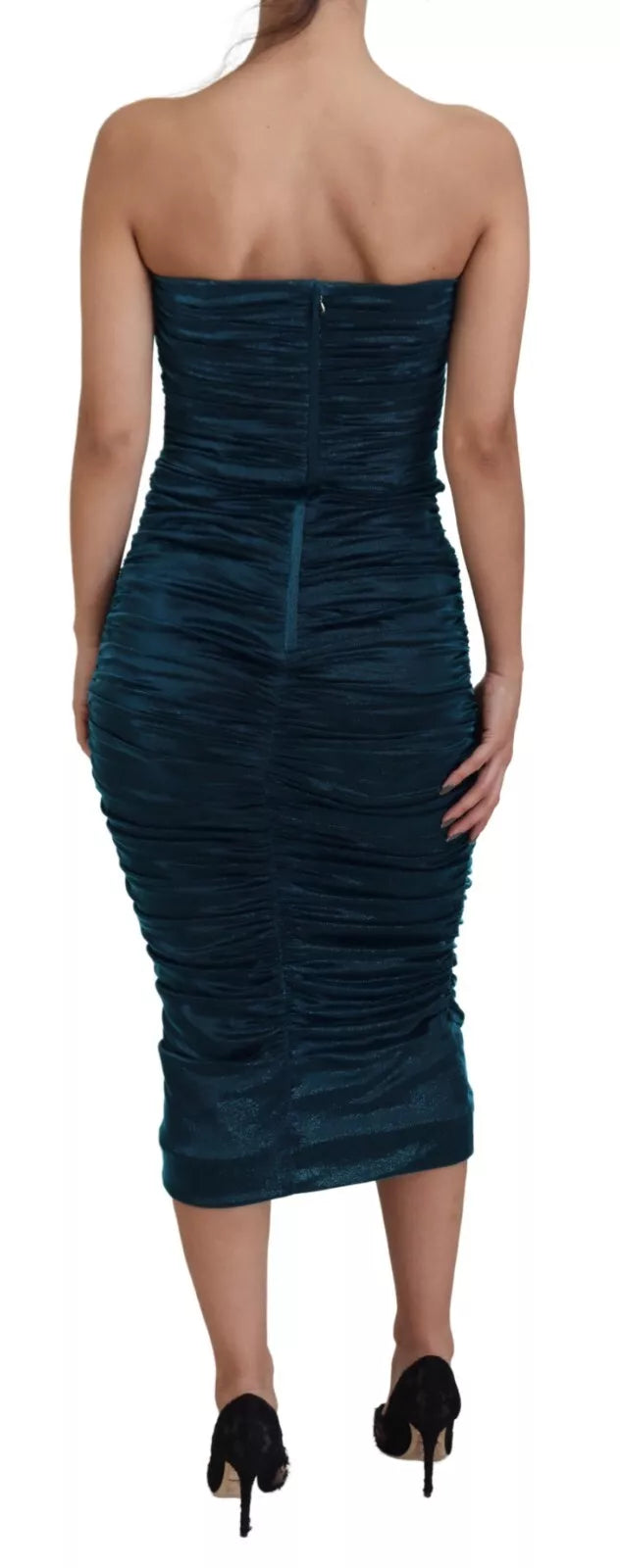 Robe bustier en satin bleu en mélange de soie de Dolce & Gabbana, robe ajustée élégante et sans bretelles.