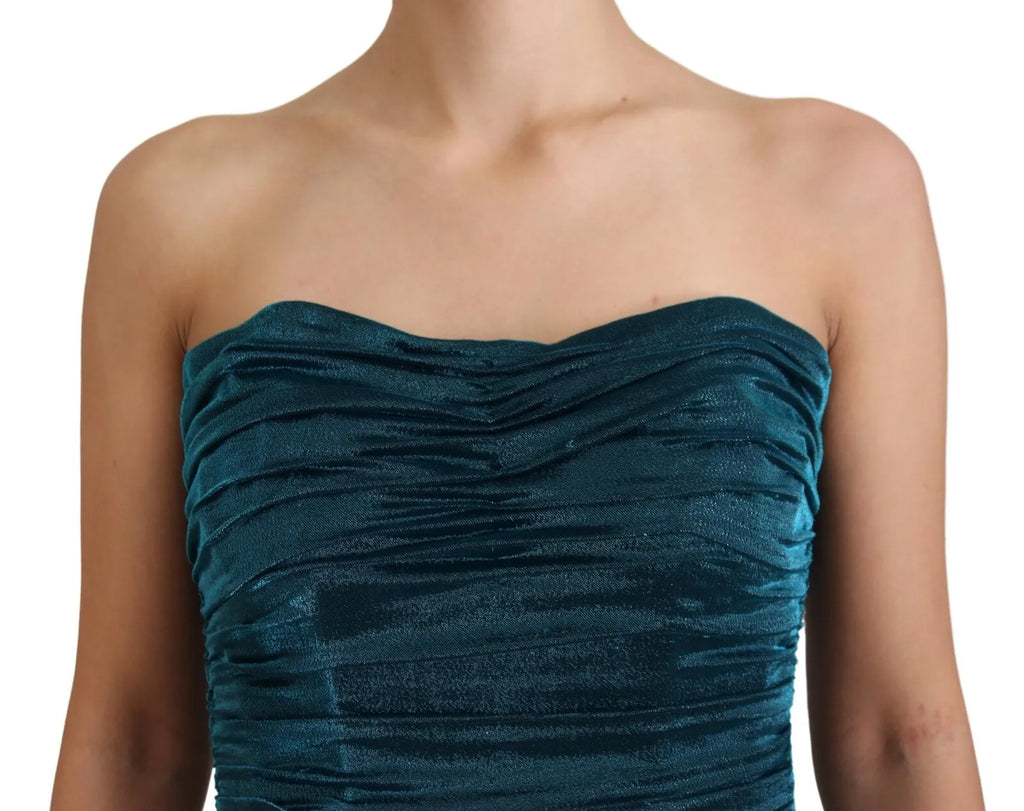 Robe bustier en satin bleu en mélanges de soie de Dolce & Gabbana, robe ajustée sans bretelles élégante.