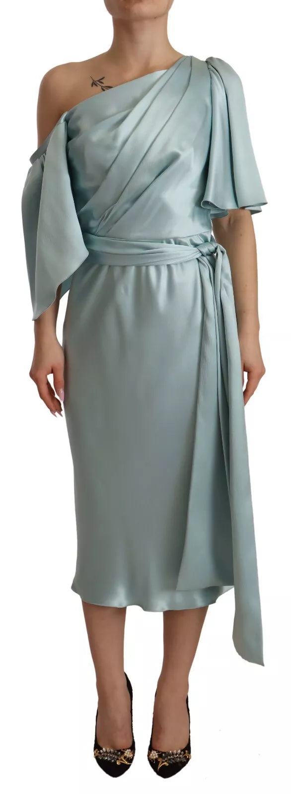 Robe midi en soie verte menthe Dolce & Gabbana, coupe ajustée, une épaule, élégante et fluide, pour une silhouette sophistiquée.