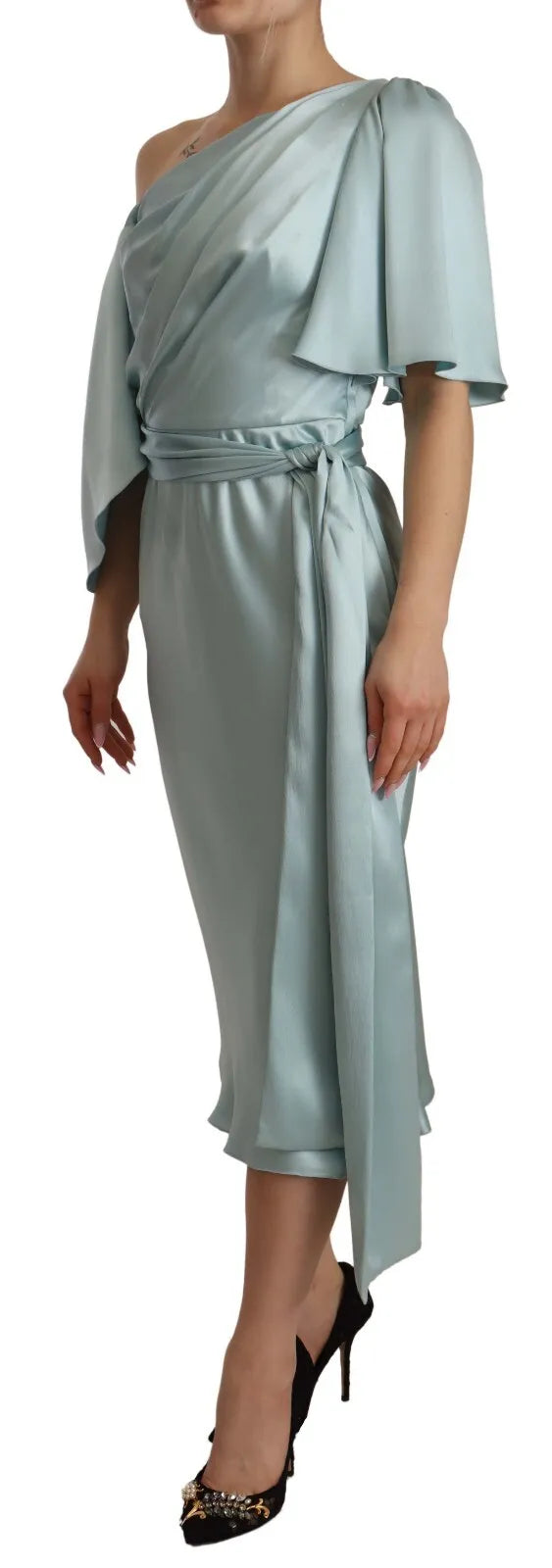 Robe midi en soie vert menthe Dolce & Gabbana, coupe ajustée et un-épaule, élégante et sophistiquée.