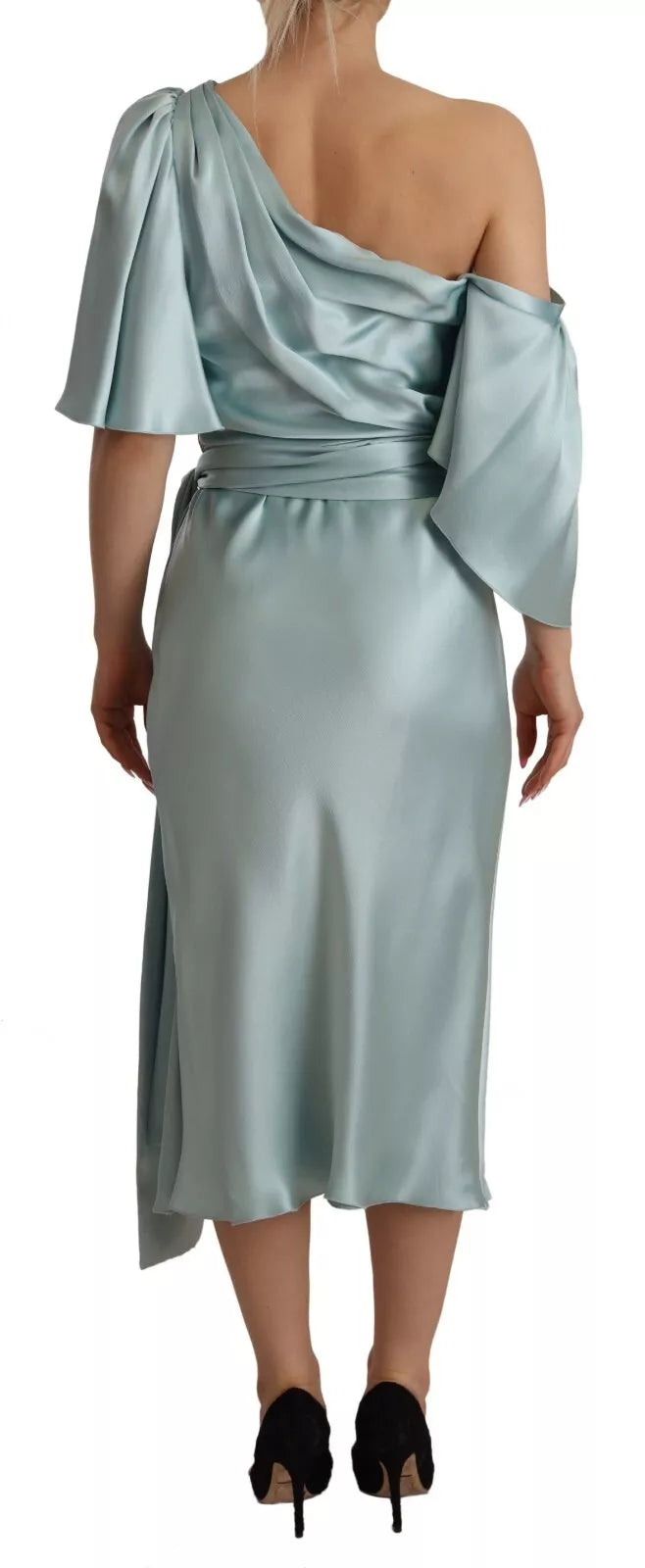 Robe midi en soie vert menthe Dolce & Gabbana, coupe ajustée et épaule unique, élégante et sophistiquée.