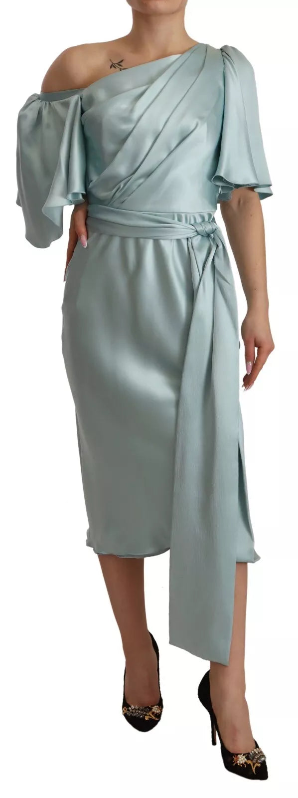 Robe midi en soie vert menthe Dolce & Gabbana, coupe ajustée et épaule dénudée, vêtement élégant et sophistiqué.