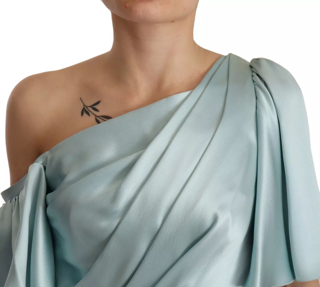 Robe midi en soie vert menthe Dolce & Gabbana à une épaule, coupe ajustée, élégante et fluide.