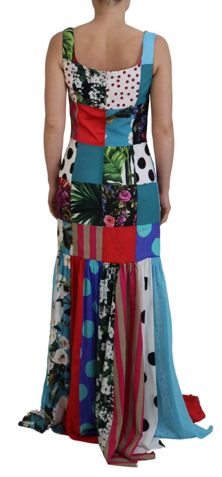 Robe longue en soie Dolce & Gabbana à patchwork multicolore, robe fourreau élégante pour femmes.