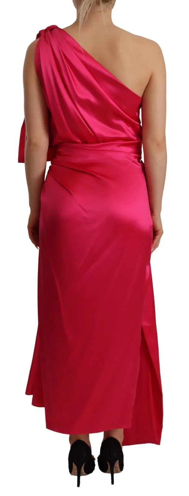 Robe midi en soie rose, ajustée, coupe moulante, une épaule, de marque Dolce & Gabbana, vue de face.