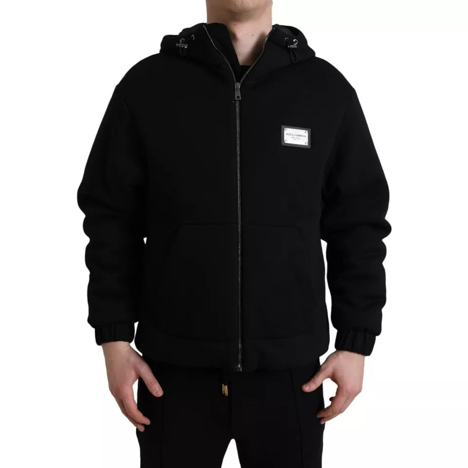 Veste bomber noire en coton avec capuche et logo Dolce & Gabbana, style décontracté et moderne, vue de face.