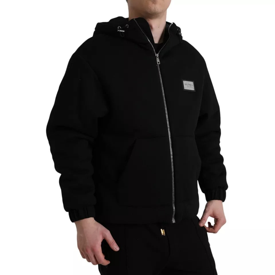 Veste bomber noire en coton avec capuche et logo Dolce & Gabbana, style décontracté et moderne.
