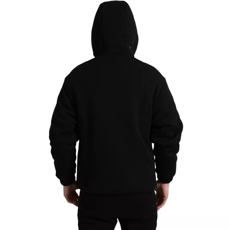 Veste bomber noire en coton Dolce & Gabbana avec capuche et logo, vue de face sur l'image.