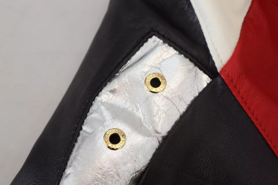 Blouson en cuir noir Dolce & Gabbana avec capuche, veste élégante pour homme, visible avec détails de couture et fermeture éclair.