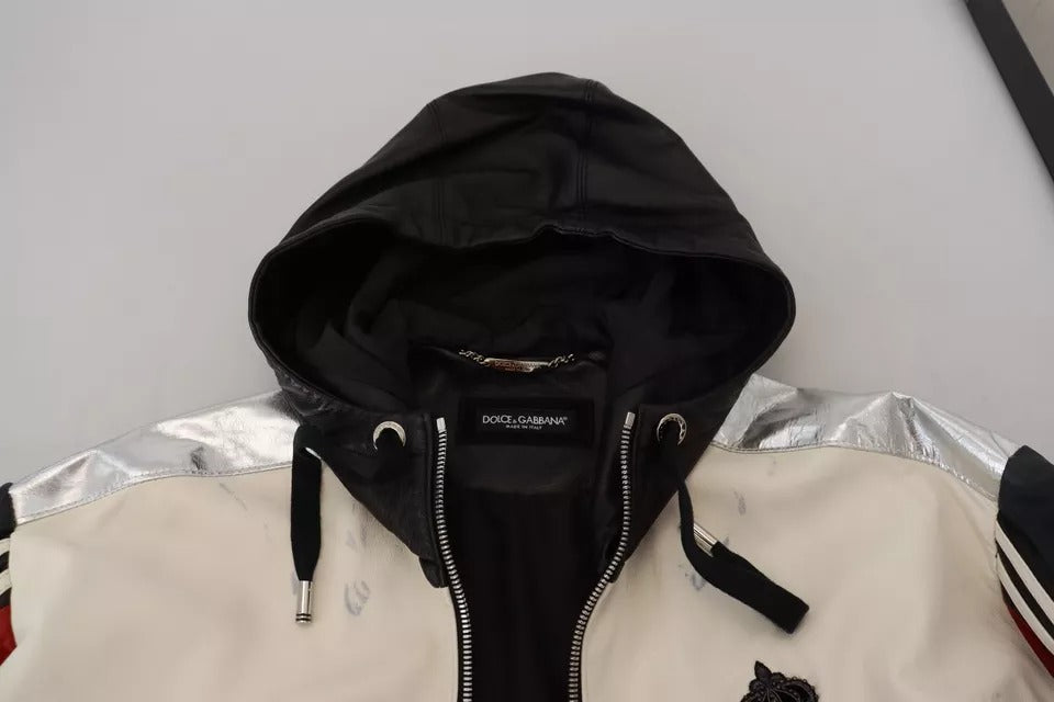 Veste en cuir noir Dolce & Gabbana avec capuche, style blouson, détails élégants, portée décontractée ou chic.