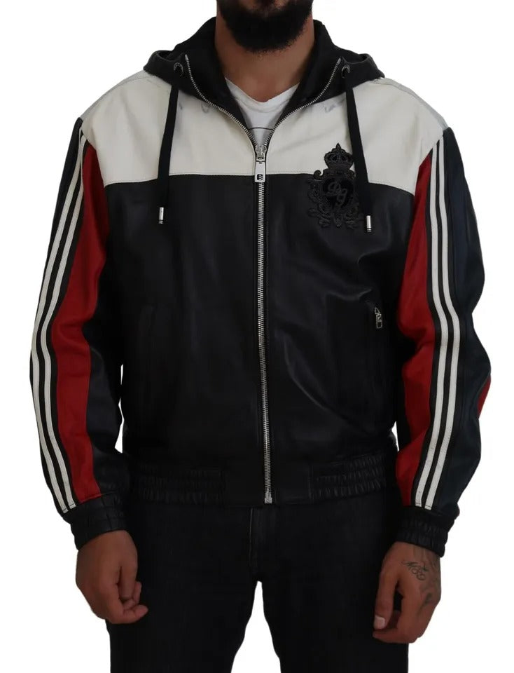 Blouson noir en cuir Dolce & Gabbana avec capuche, veste élégante pour homme ou femme, mode italienne sophistiquée.