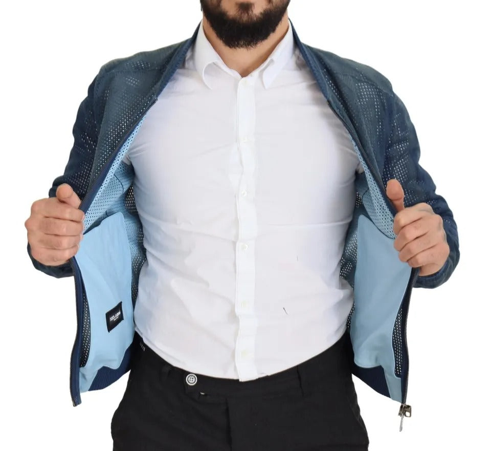 Veste en cuir bleu perforée de Dolce & Gabbana avec fermeture éclair complète, style élégant et moderne.