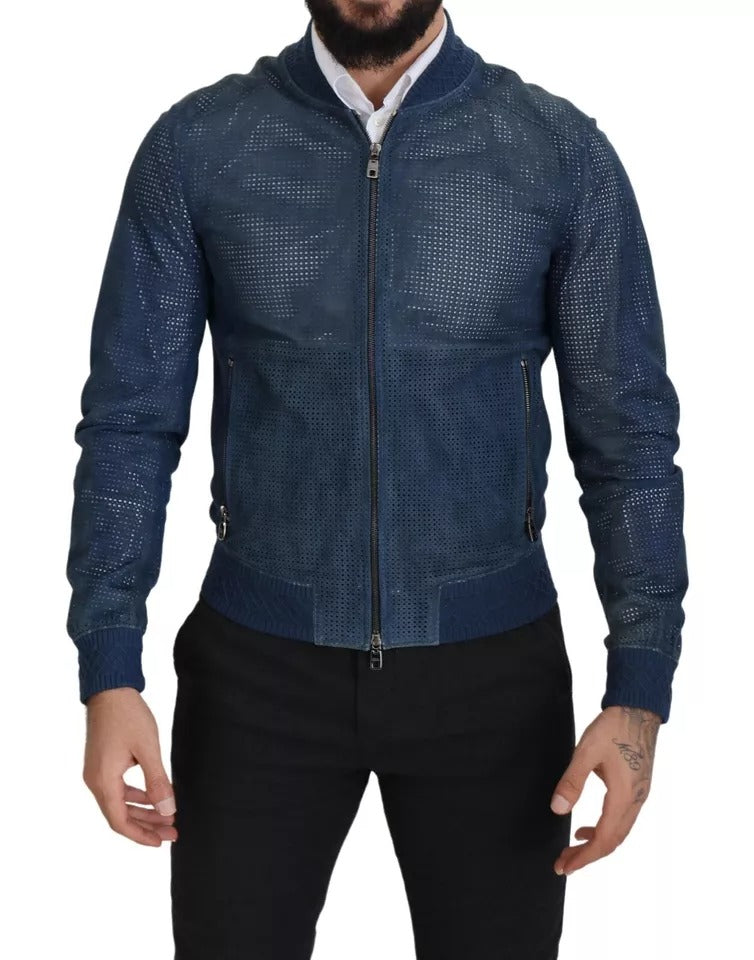 Veste en cuir perforé bleue Dolce & Gabbana avec zip complet, vue de face, élégante et moderne.