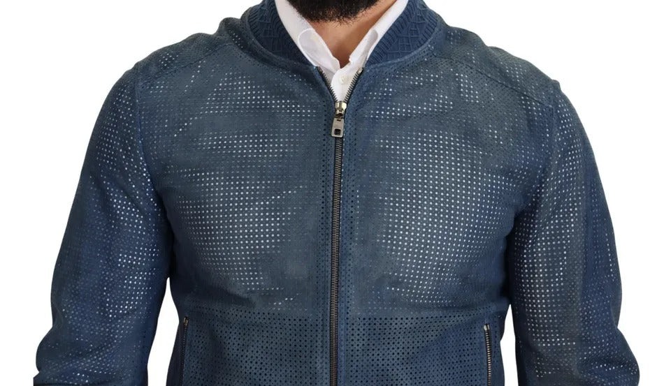Veste en cuir bleu perforée Dolce & Gabbana avec fermeture à glissière complète, style élégant et moderne.