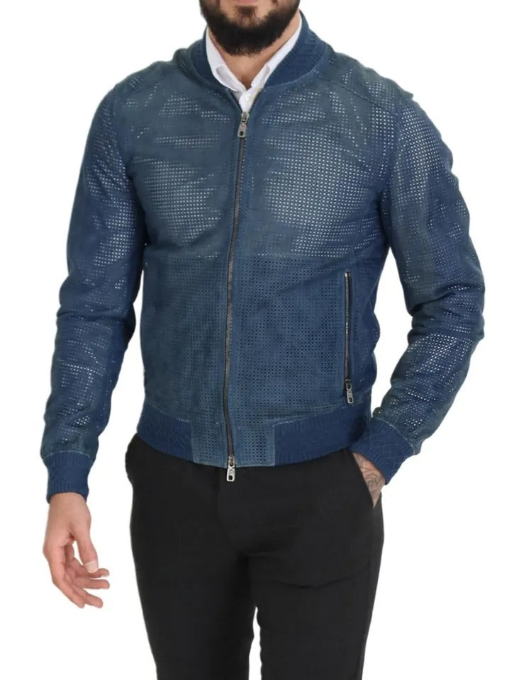 Veste en cuir perforé bleue Dolce & Gabbana avec fermeture éclair complète, mode élégante et moderne.