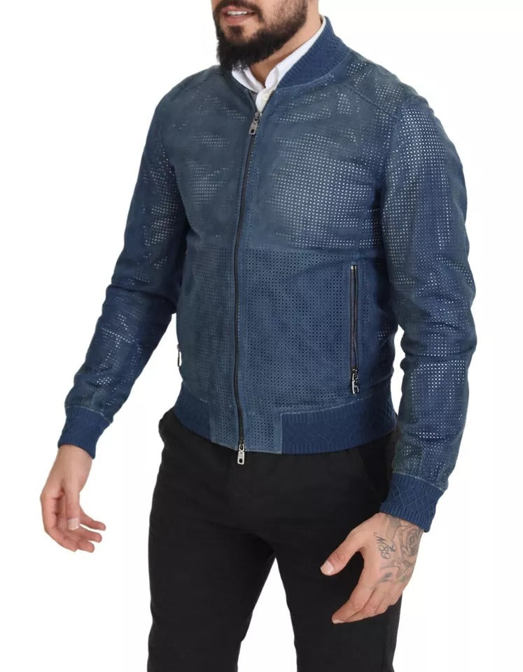 Veste en cuir bleu perforé Dolce & Gabbana à fermeture éclair complète, élégante et moderne.