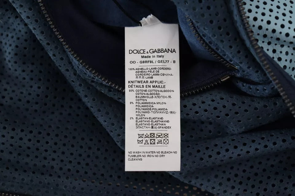 Veste en cuir bleu perforée Dolce & Gabbana avec fermeture éclair intégrale, style élégant et moderne.