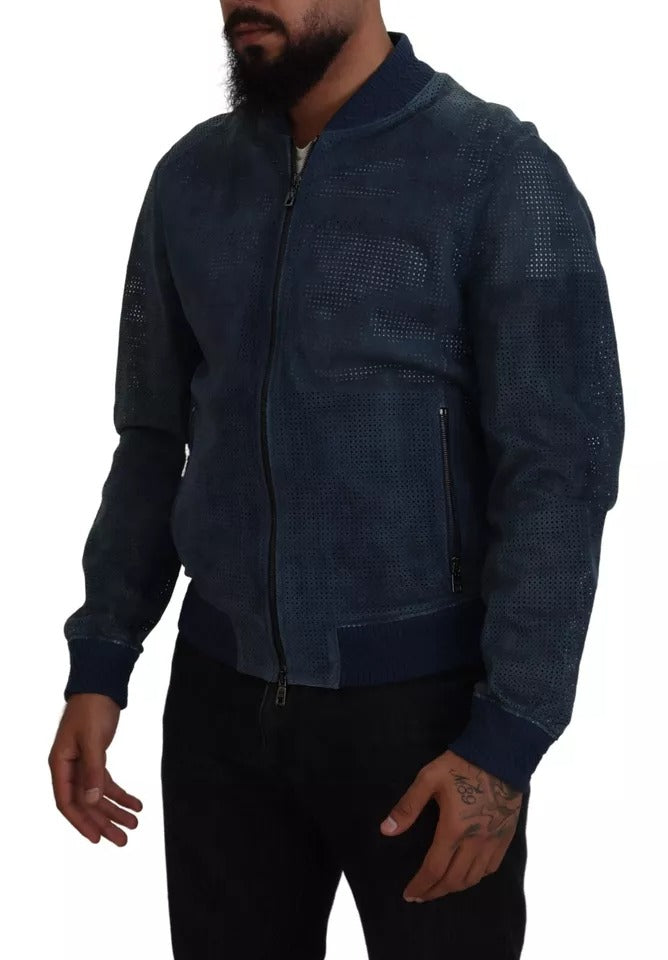 Veste en cuir perforé bleue Dolce & Gabbana avec fermeture éclair pleine longueur, vue de face, détails du design.