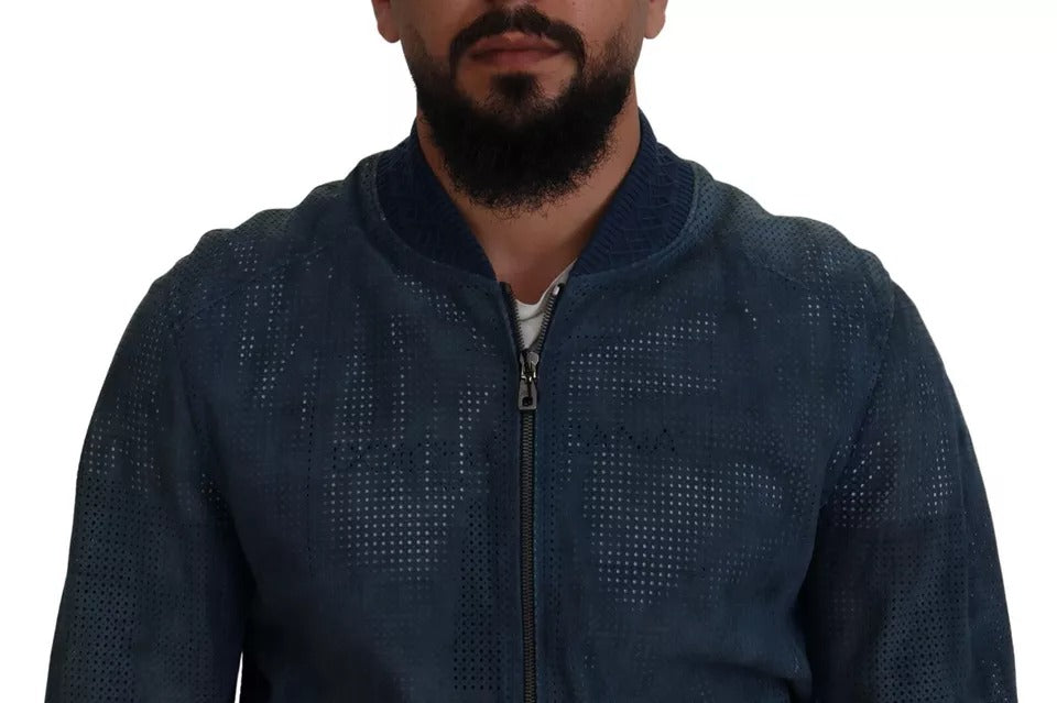 Veste en cuir bleu perforé Dolce & Gabbana avec fermeture éclair complète, style élégant et moderne.