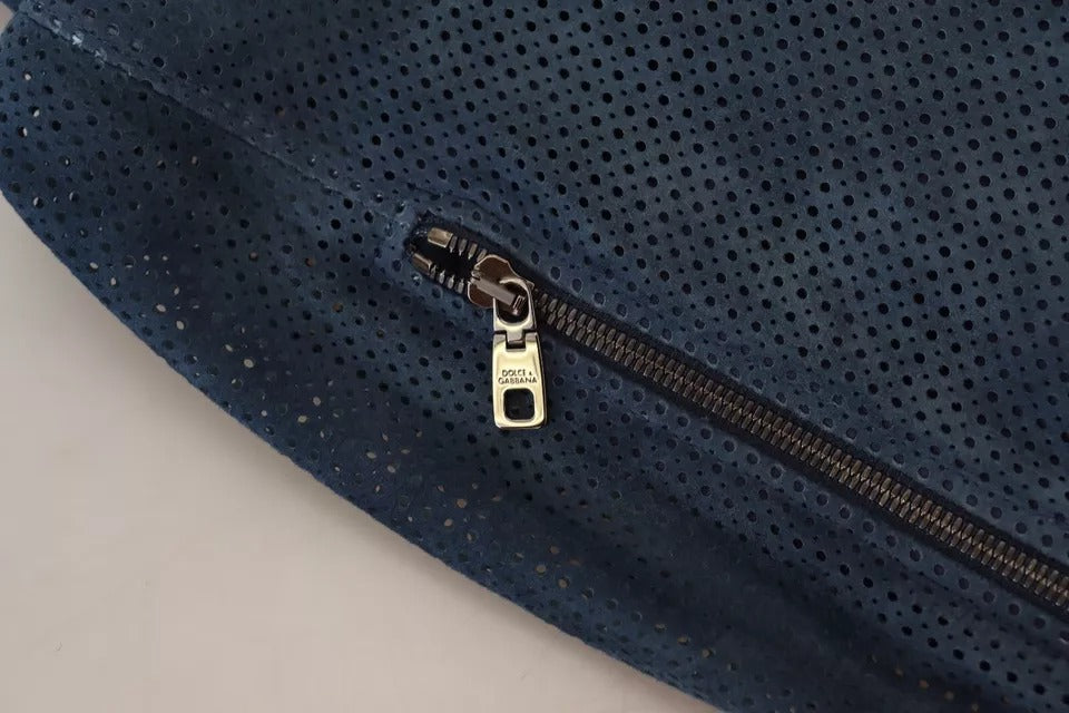 Veste en cuir perforé bleu Dolce & Gabbana avec fermeture éclair complète, mode élégante et design sophistiqué.