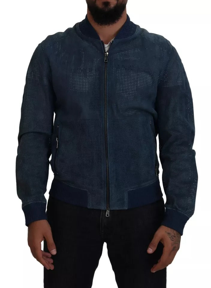 Veste en cuir bleu perforé Dolce & Gabbana avec fermeture éclair complète, mode élégante et moderne.