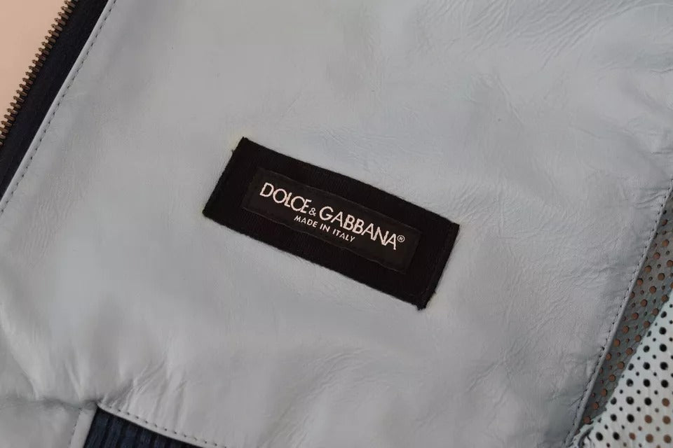 Veste en cuir bleu perforée Dolce & Gabbana avec fermeture éclair complète, mode élégante et design sophistiqué.