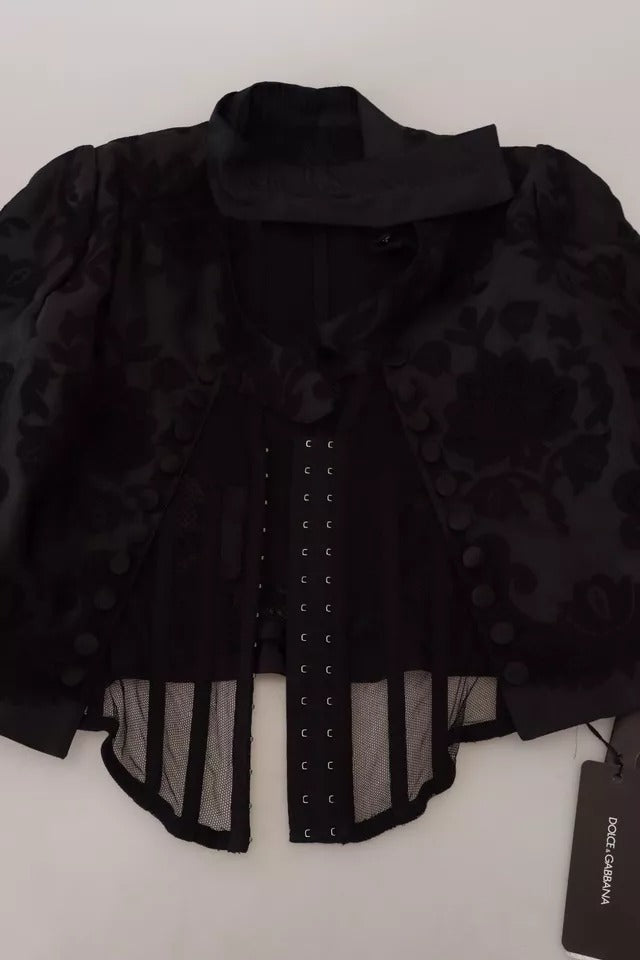 Veste en soie et organza noir de Dolce & Gabbana avec corset en dentelle transparente élégante.