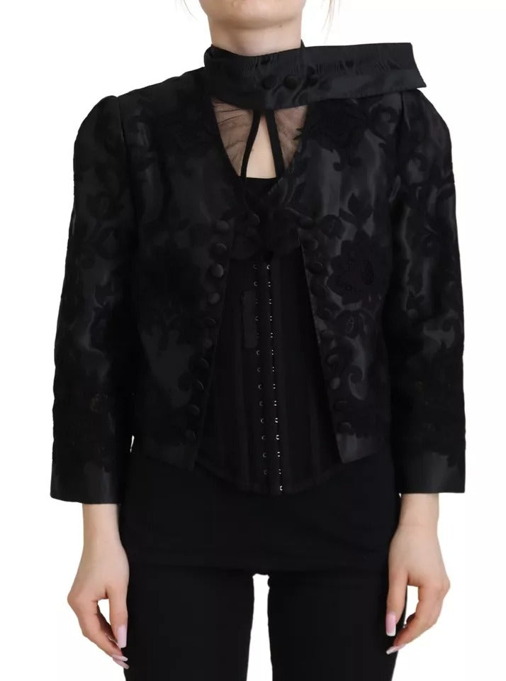Veste corset en organza et soie noire Dolce & Gabbana avec dentelle transparente et détails élégants.