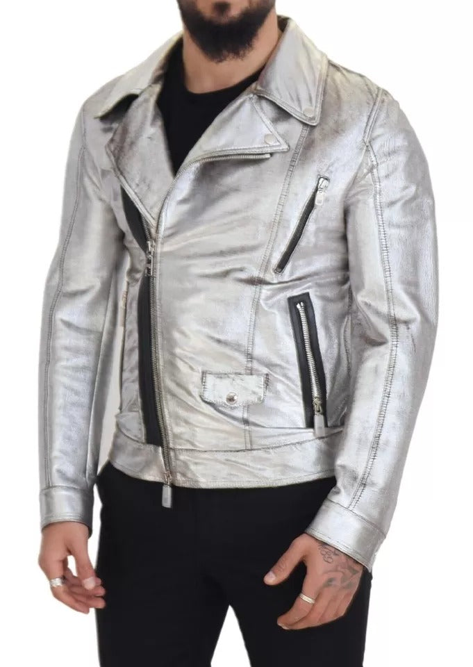 Manteau en cuir argenté pour biker de Dolce & Gabbana, en cuir d'agneau, avec design élégant et détails sophistiqués.
