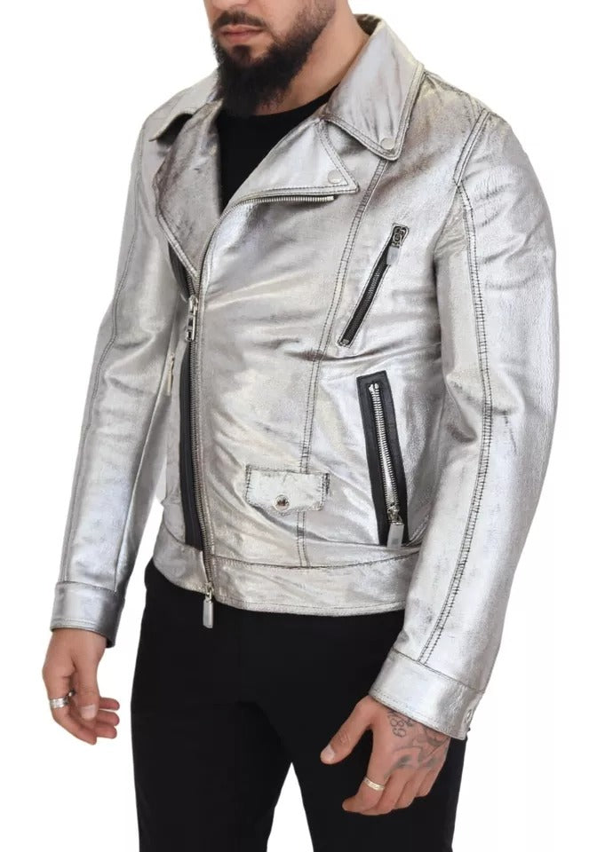 Manteau en cuir argenté Dolce & Gabbana pour biker, veste en agneau, style élégant et mode pour femmes.