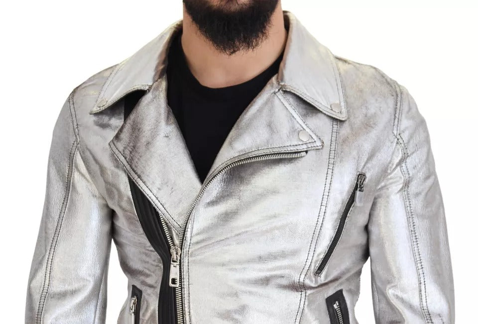 Veste en cuir d'agneau argentée Dolce & Gabbana, blouson motard en cuir, style élégant et moderne.