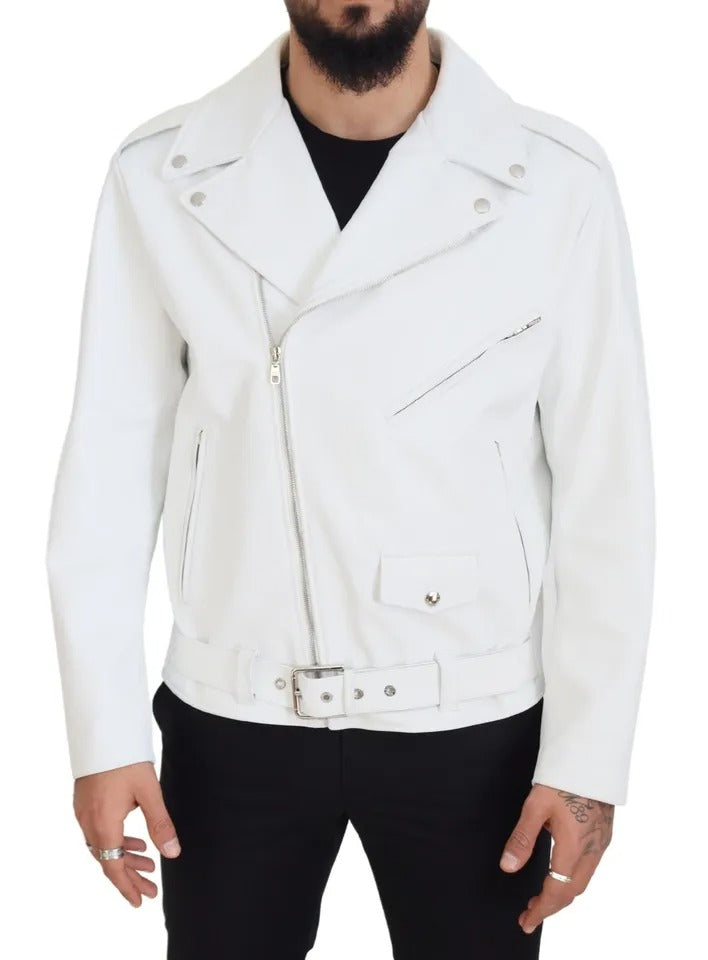 Veste en cuir blanc pour motard de Dolce & Gabbana avec fermeture éclair, style chic et moderne.