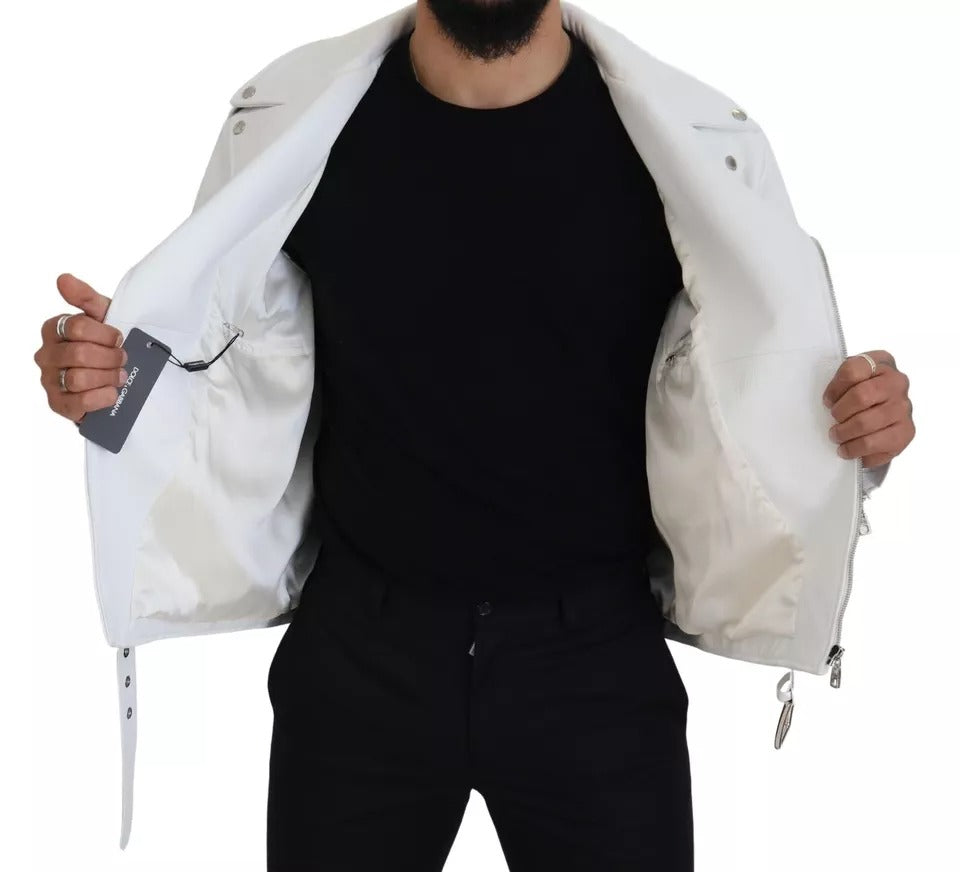 Veste en cuir blanc pour motard de Dolce & Gabbana avec fermeture éclair, style élégant et moderne.
