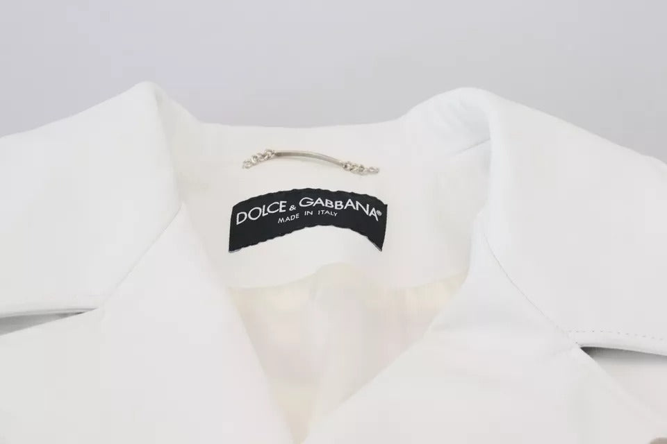 Veste en cuir blanc de style motard de Dolce & Gabbana avec fermeture éclair, élégante et tendance, visible sur l'image.