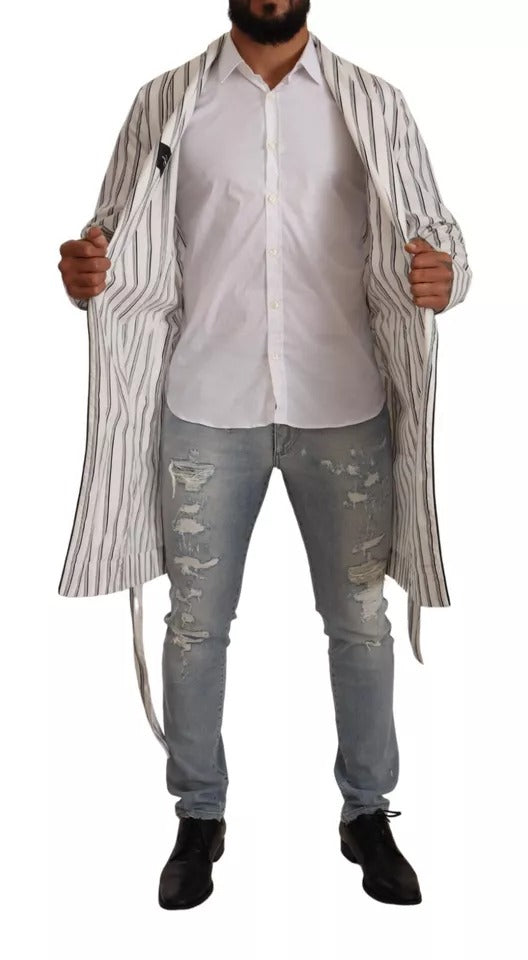 Robe chemise en coton blanc à rayures avec ceinture, veste enveloppante Dolce & Gabbana, élégante et confortable.