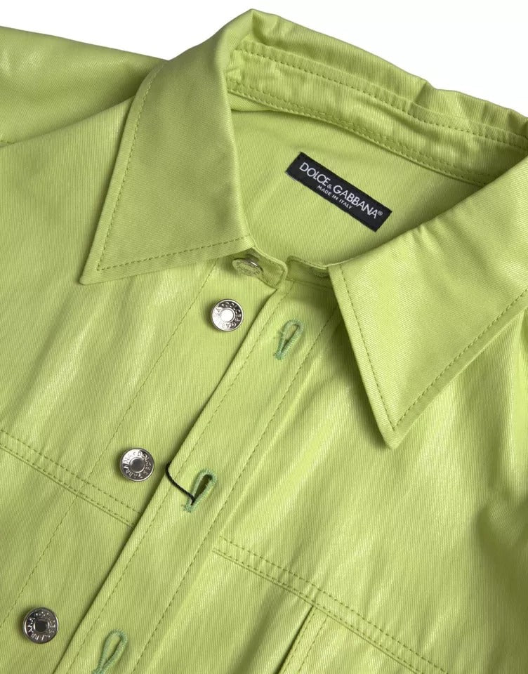 Chemise décontractée en coton vert Dolce & Gabbana avec col et boutons, vue de face.