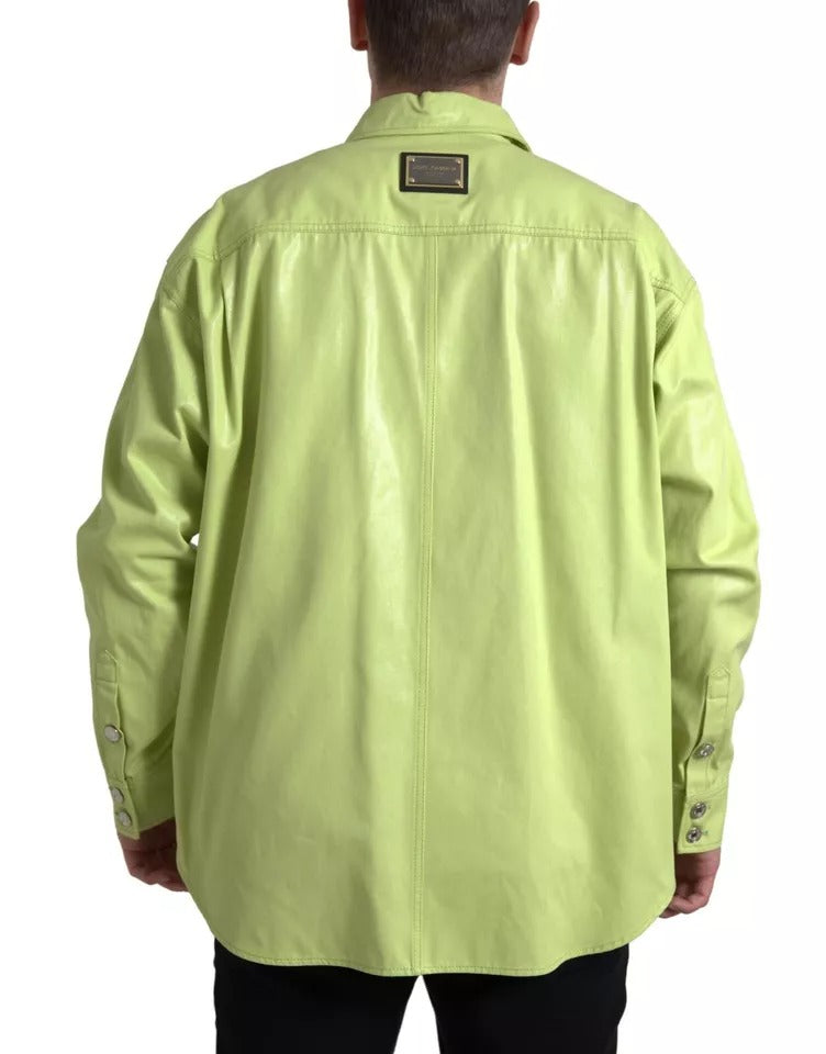 Chemise décontractée en coton vert Dolce & Gabbana avec col et boutons, vue de face.