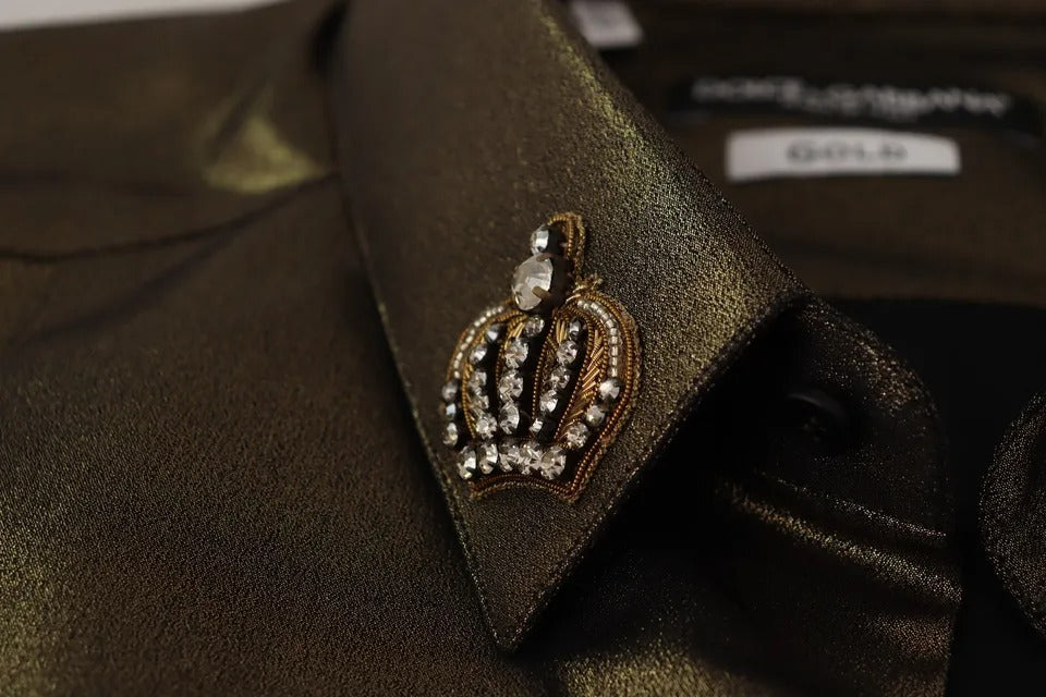 Chemise en soie dorée et argentée Dolce & Gabbana avec broderie de couronne métallique, élégante et sophistiquée.
