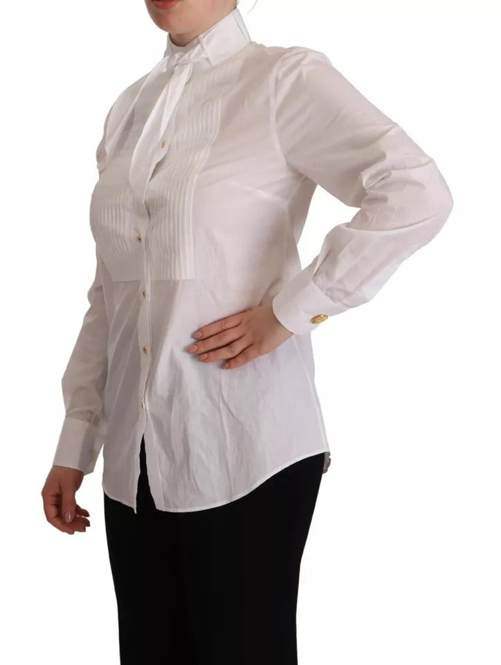 Chemise blanche en coton à col, manches longues, style formel de Dolce & Gabbana, vue de face.