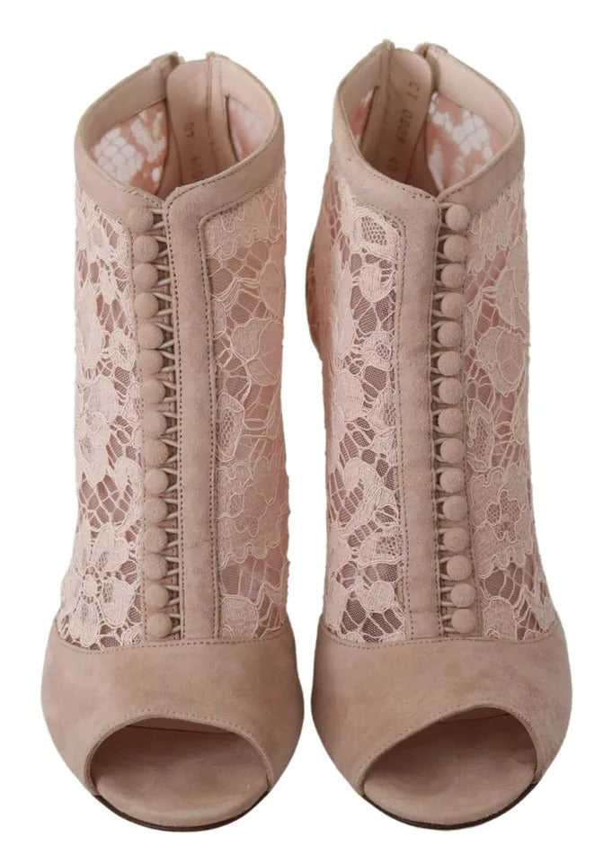 Boots à talons ouverts en daim beige avec dentelle de Dolce & Gabbana, chaussures élégantes pour femme.