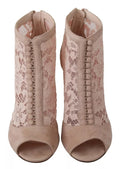 Boots à talons ouverts en daim beige avec dentelle de Dolce & Gabbana, chaussures élégantes pour femme.