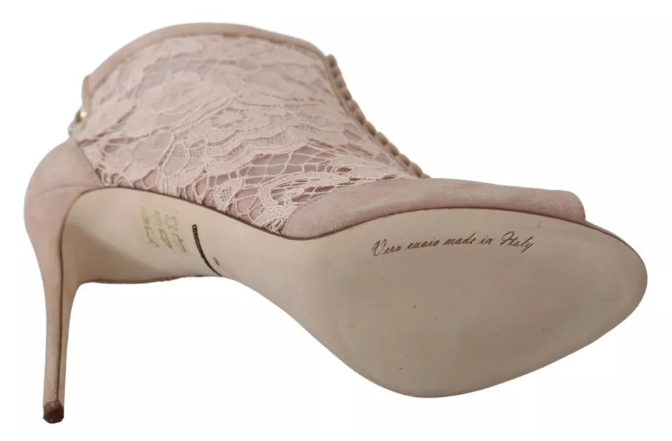Chaussures à talons ouverts Dolce & Gabbana en daim beige avec dentelle, bottines à cheville élégantes et sophistiquées.